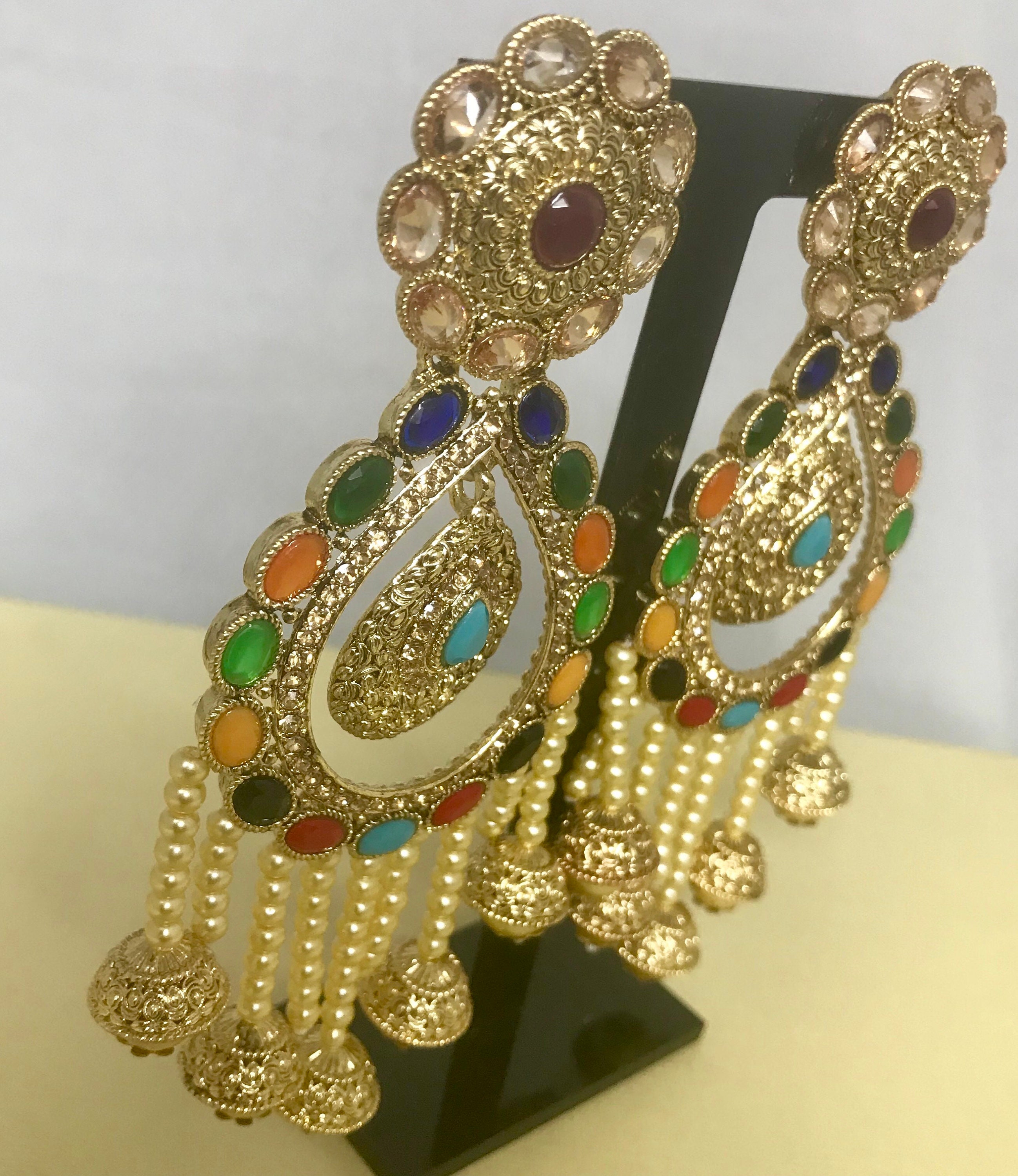 Riyah Large gold Multi colour pearl strand earrings, Indian bridal