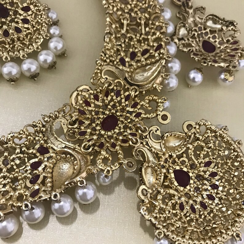 Gold zirconia maroon pearl necklace earrings tikka set indian Pakistani bridal jewellery