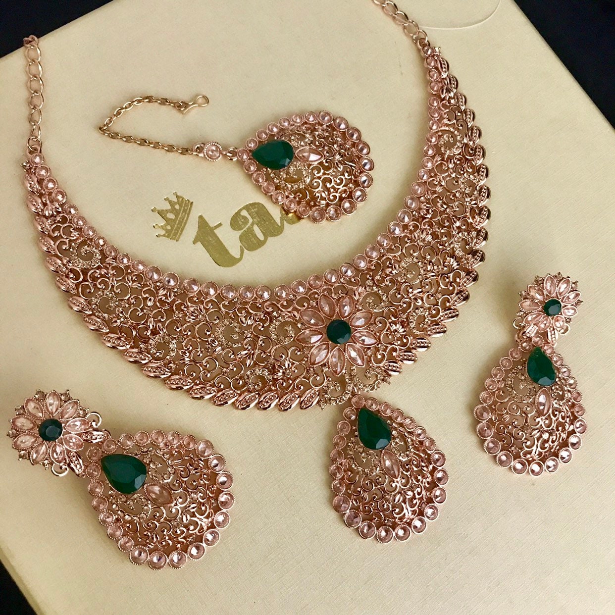 Rose Gold and Green Necklace Earrings 