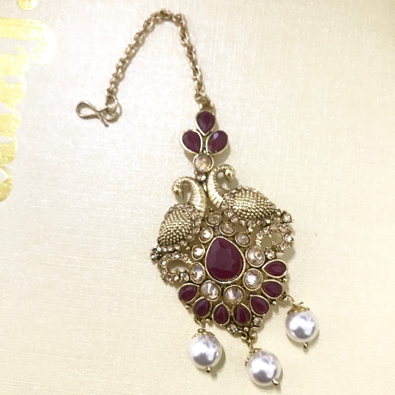 Gold zirconia maroon pearl necklace earrings tikka set indian Pakistani bridal jewellery