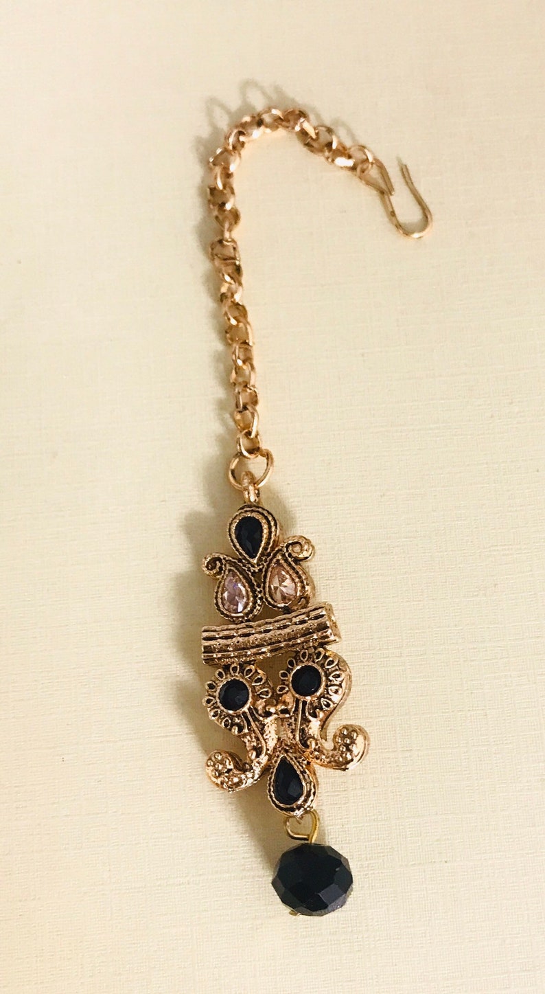 Gold and black pearl choker necklace jhumka earrings and tikka set Indian bridal pakistani jewelry