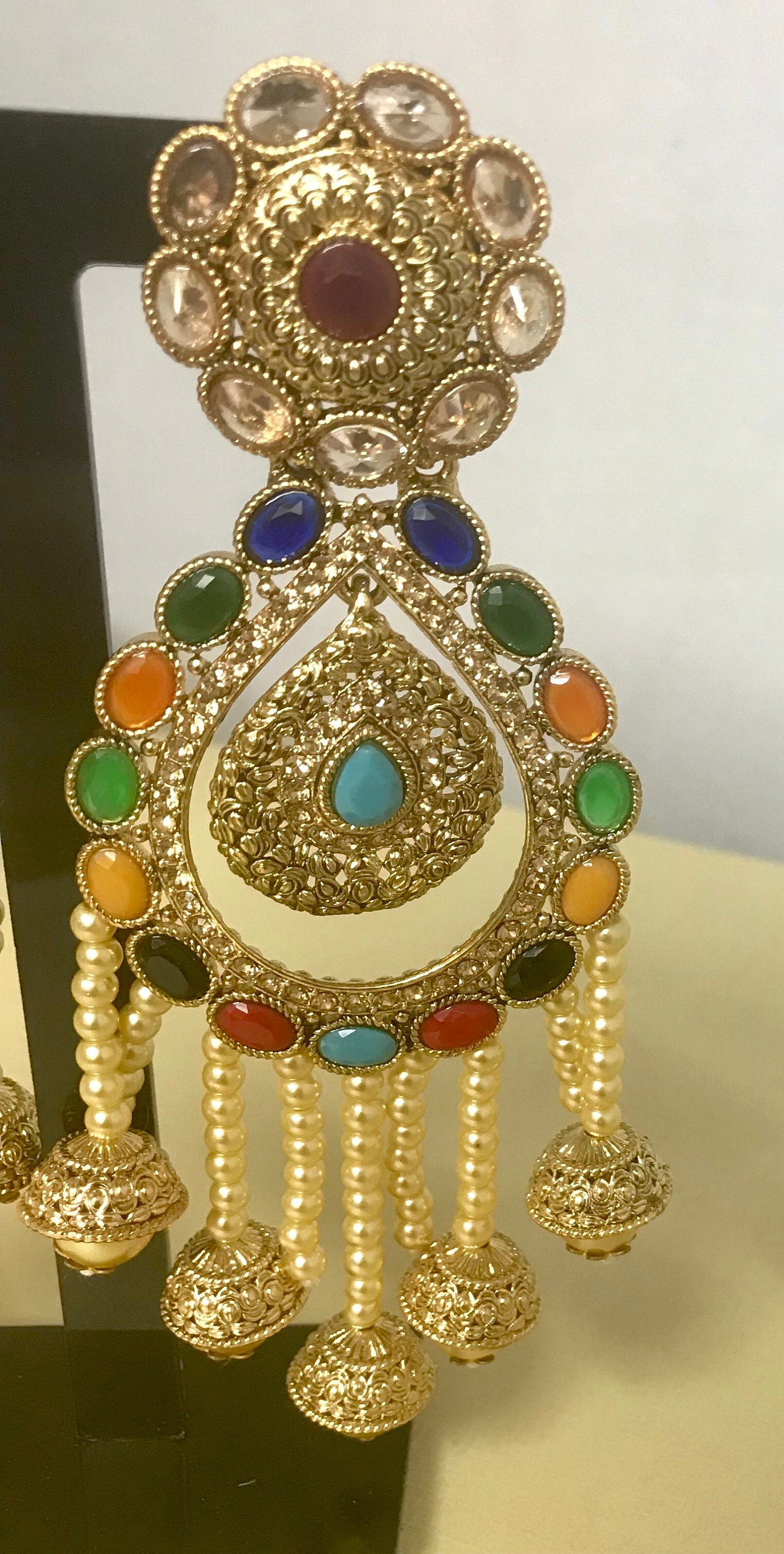 Riyah Large gold Multi colour pearl strand earrings, Indian bridal