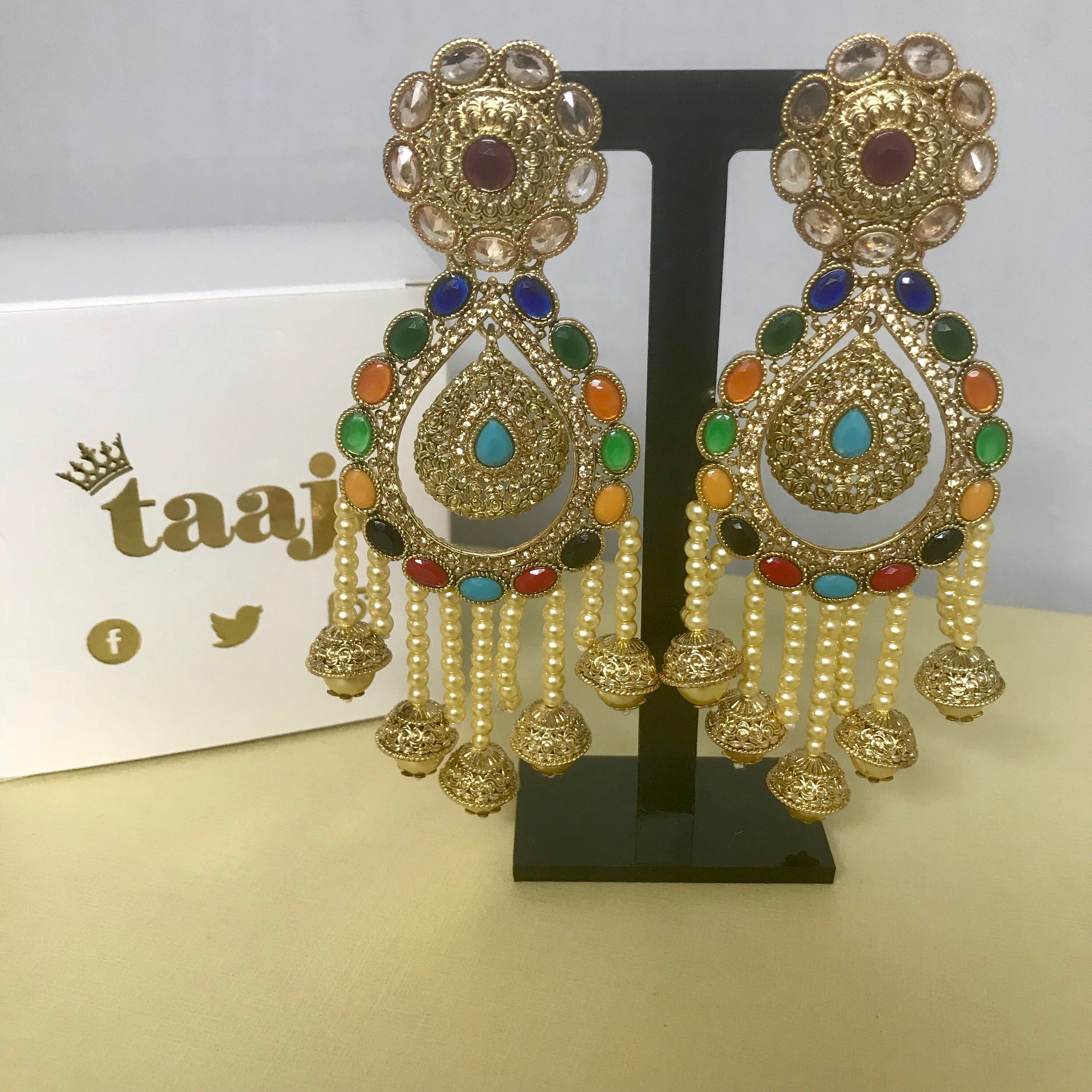 Riyah Large gold Multi colour pearl strand earrings, Indian bridal