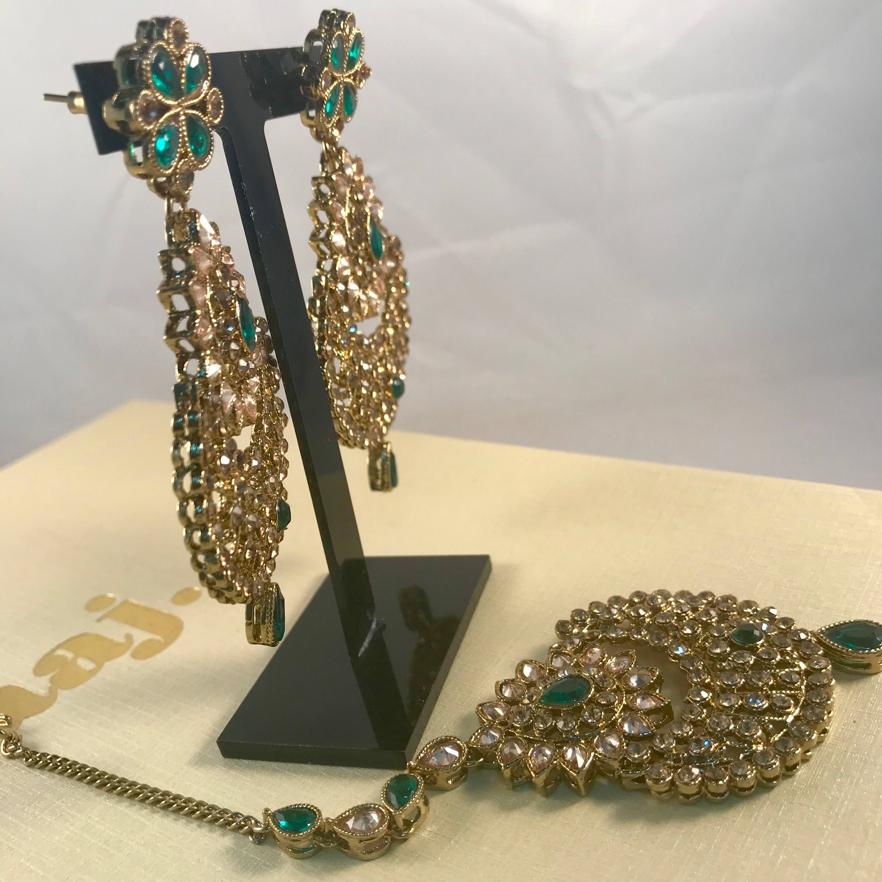 Baliye Antique gold & green earrings and tikka set