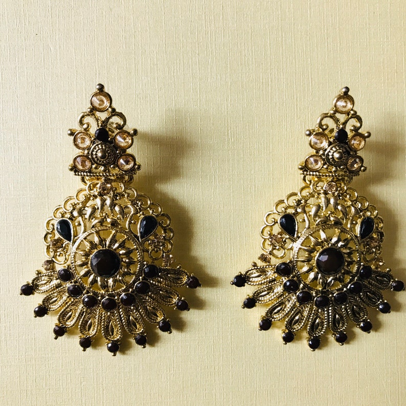 Antique gold and black necklace earrings tikka set Indian bridal pakistani jewellery