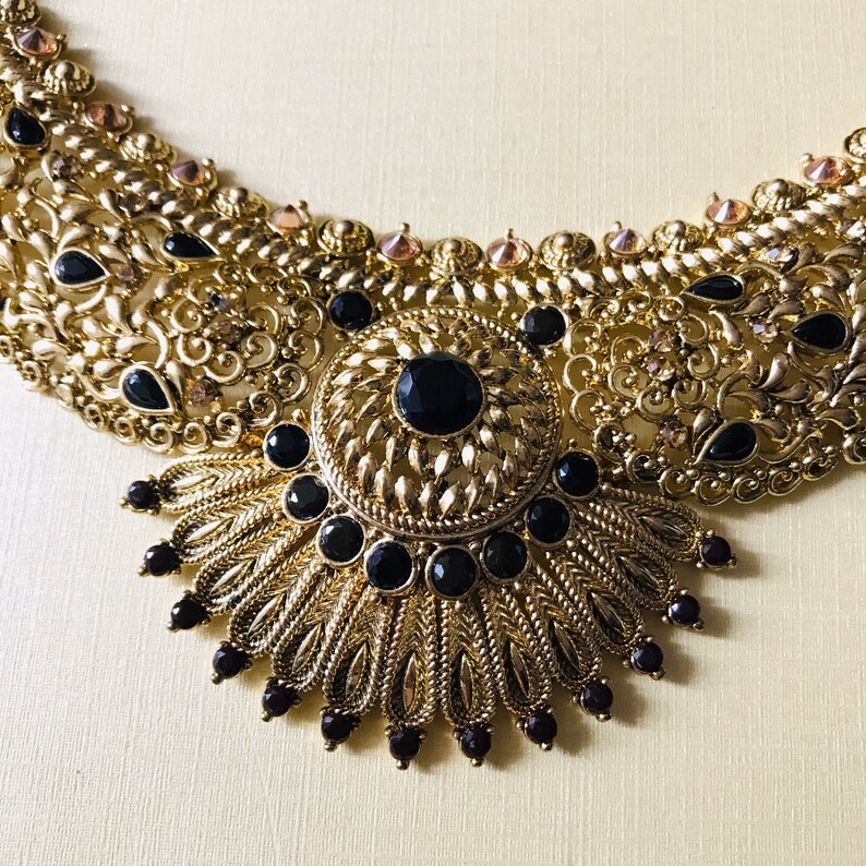 Antique gold and black necklace earrings tikka set Indian bridal pakistani jewellery