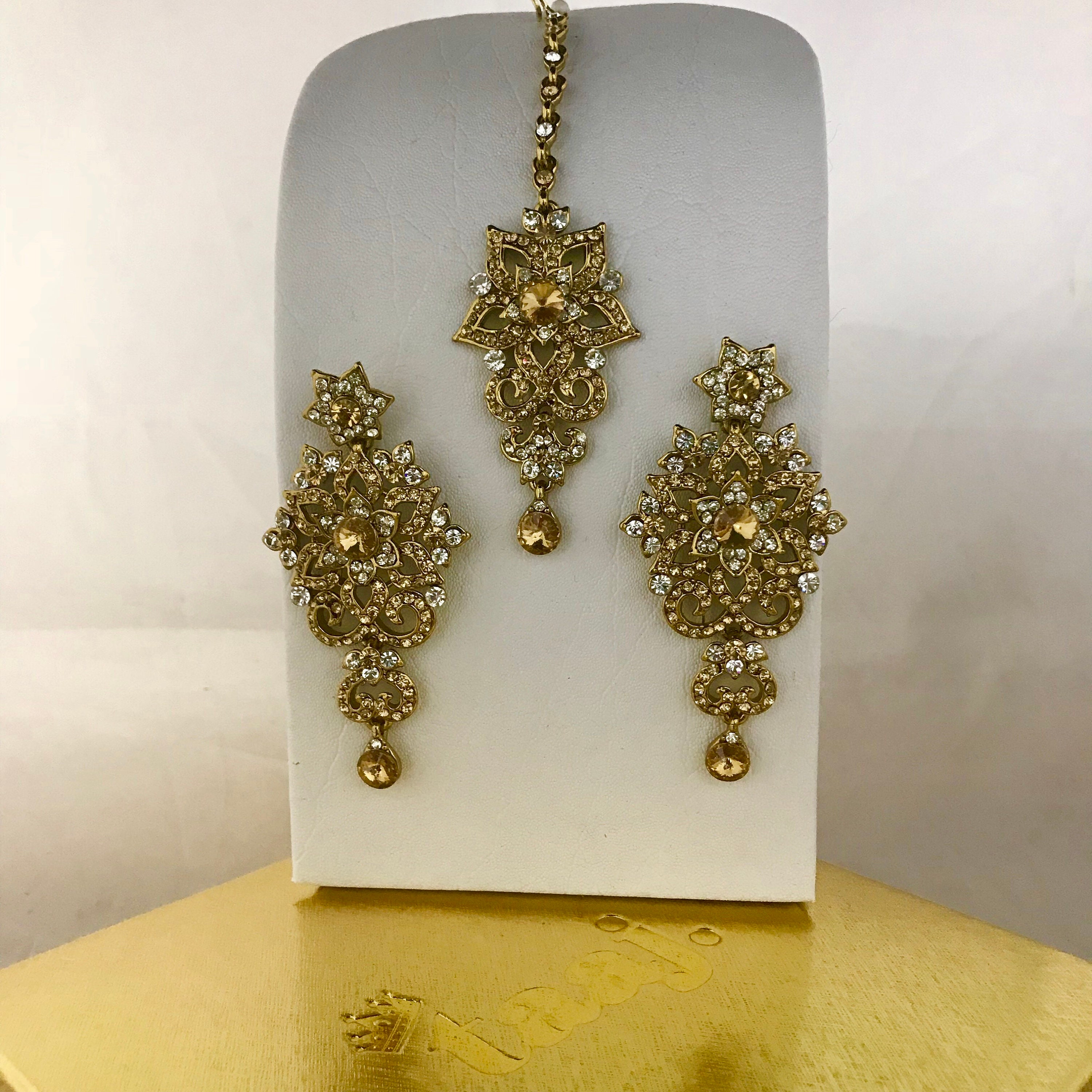 Huma Gold diamanté earrings and tikka set indian Pakistani bridal prom ...