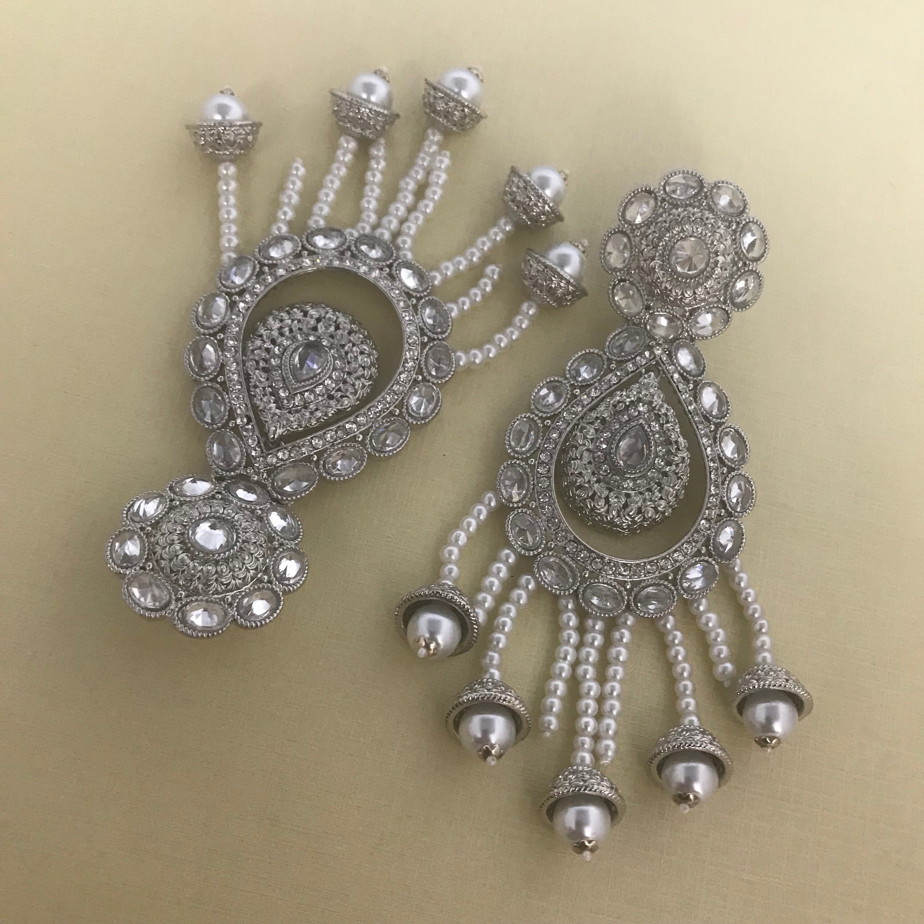 Riyah Large silver zirconia pearl strand earrings Indian bridal