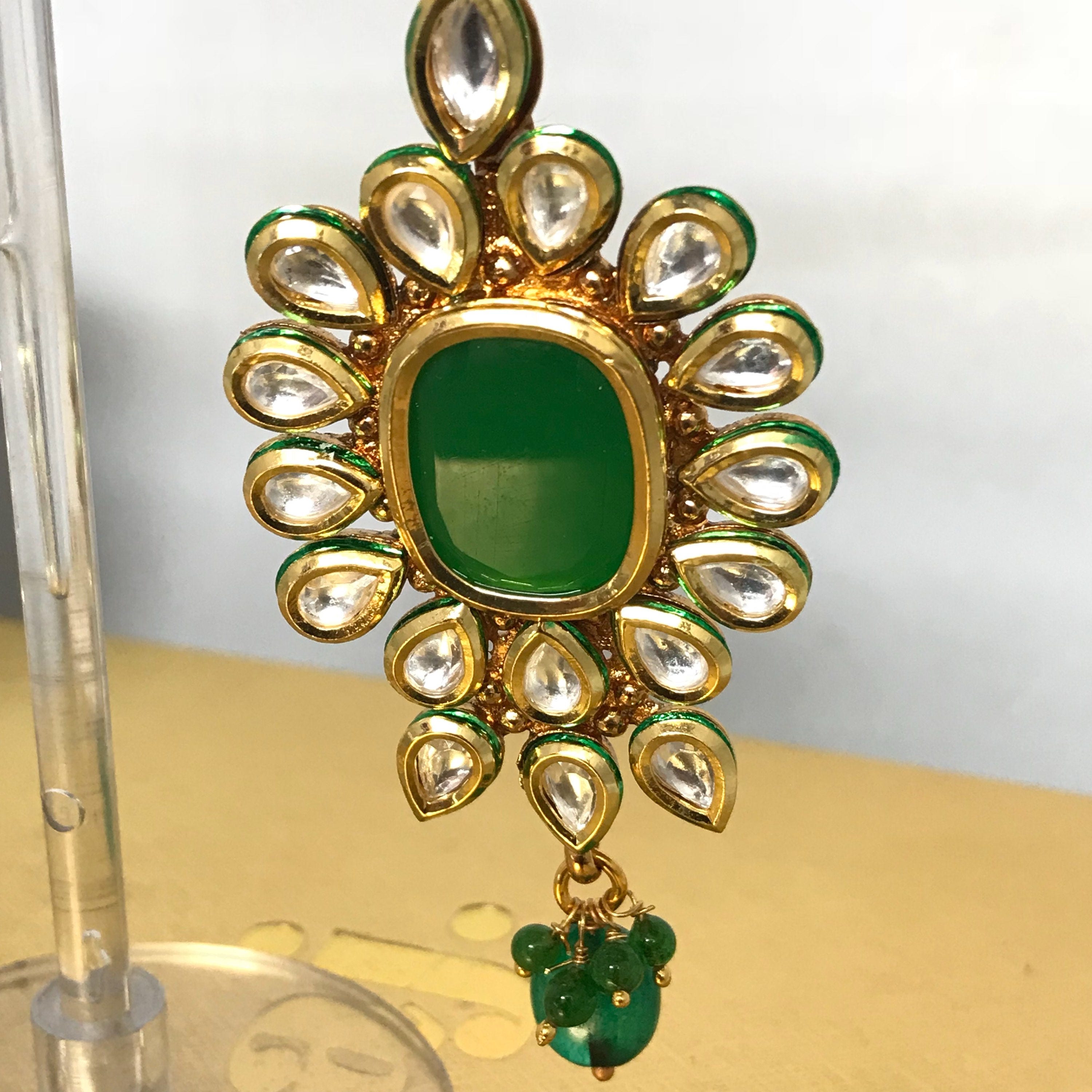 Shymal Kundan green drop earrings