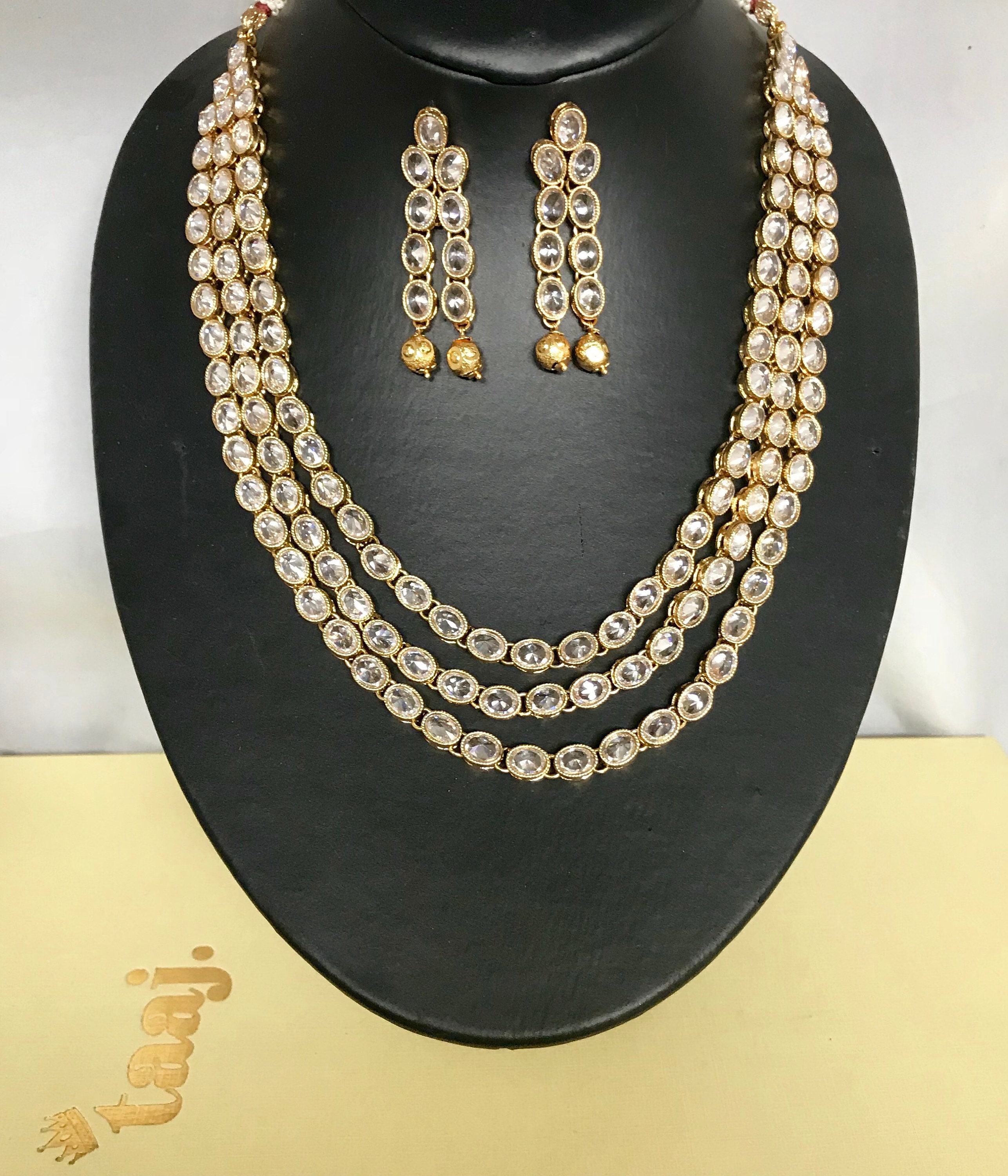 Shirin Gold zirconia 3 row mala Necklace and earrings