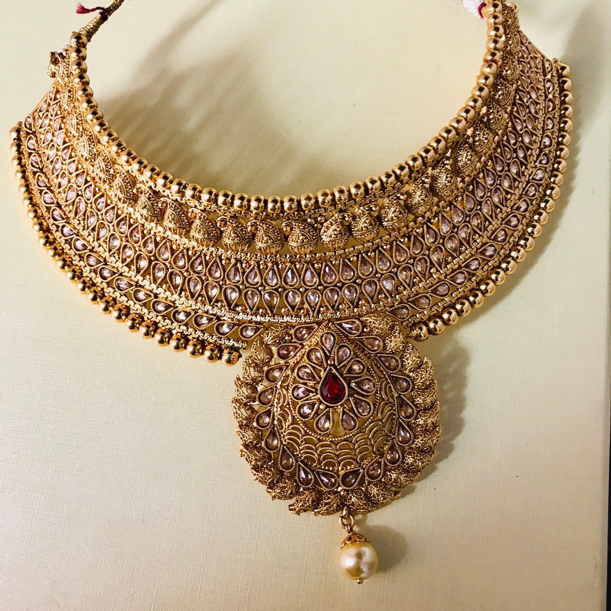 Sadaf Red gold zirconia choker necklace jhumka earrings tikka set ...