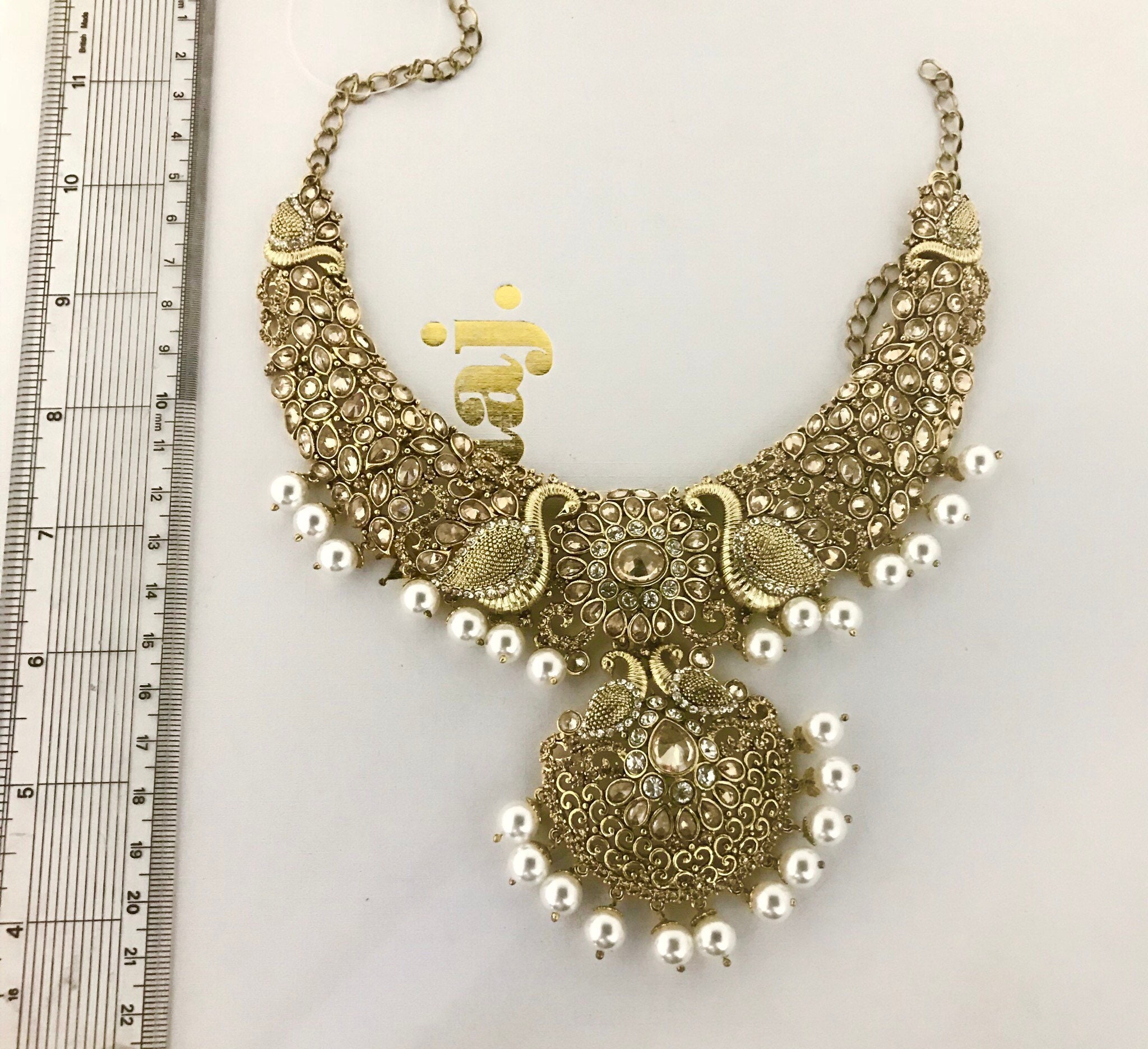 Nisha Gold zirconia pearl necklace earrings tikka set, indian bridal ...