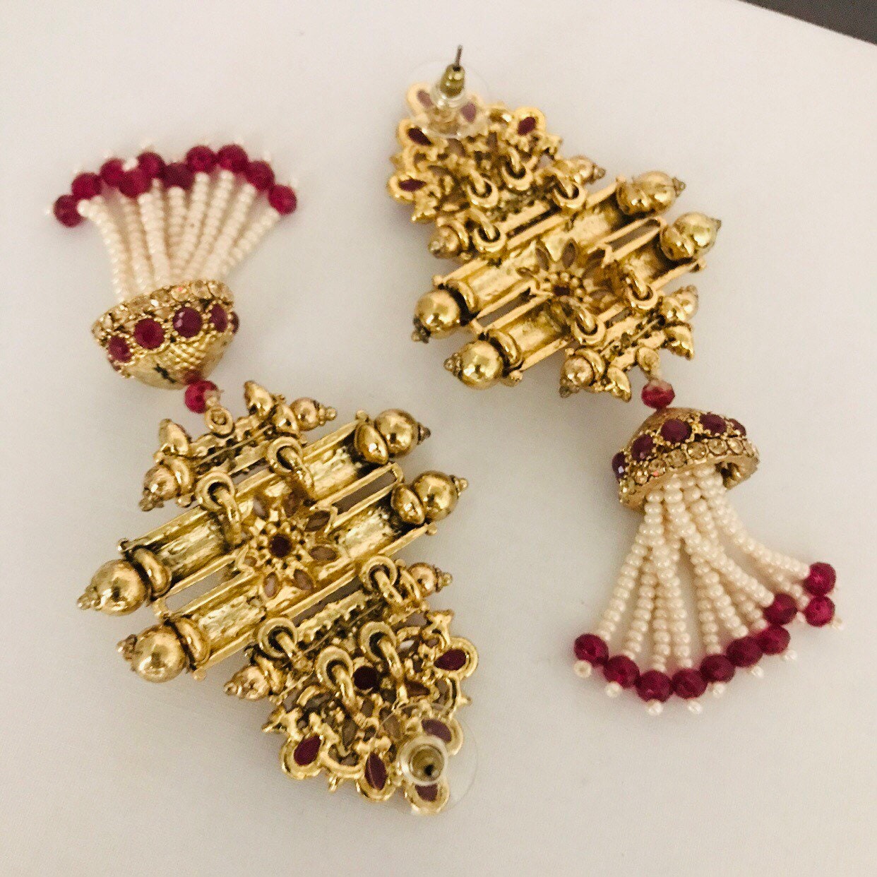 Vanna Gold maroon pearl strand jhumka earrings statement formal jewellery