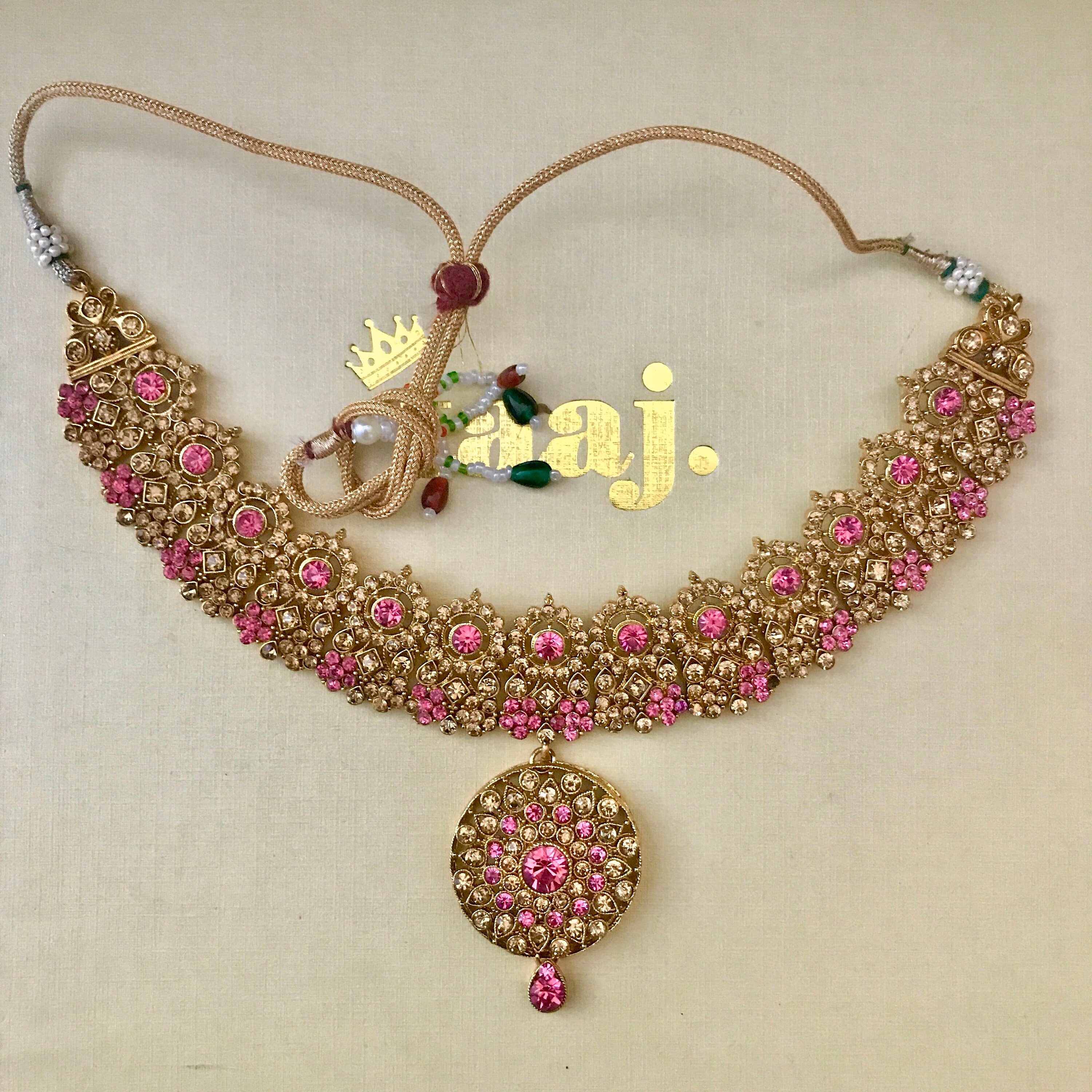 Jasmine Gold pink diamanté necklace jhumar tikka jhumka earrings Indian ...