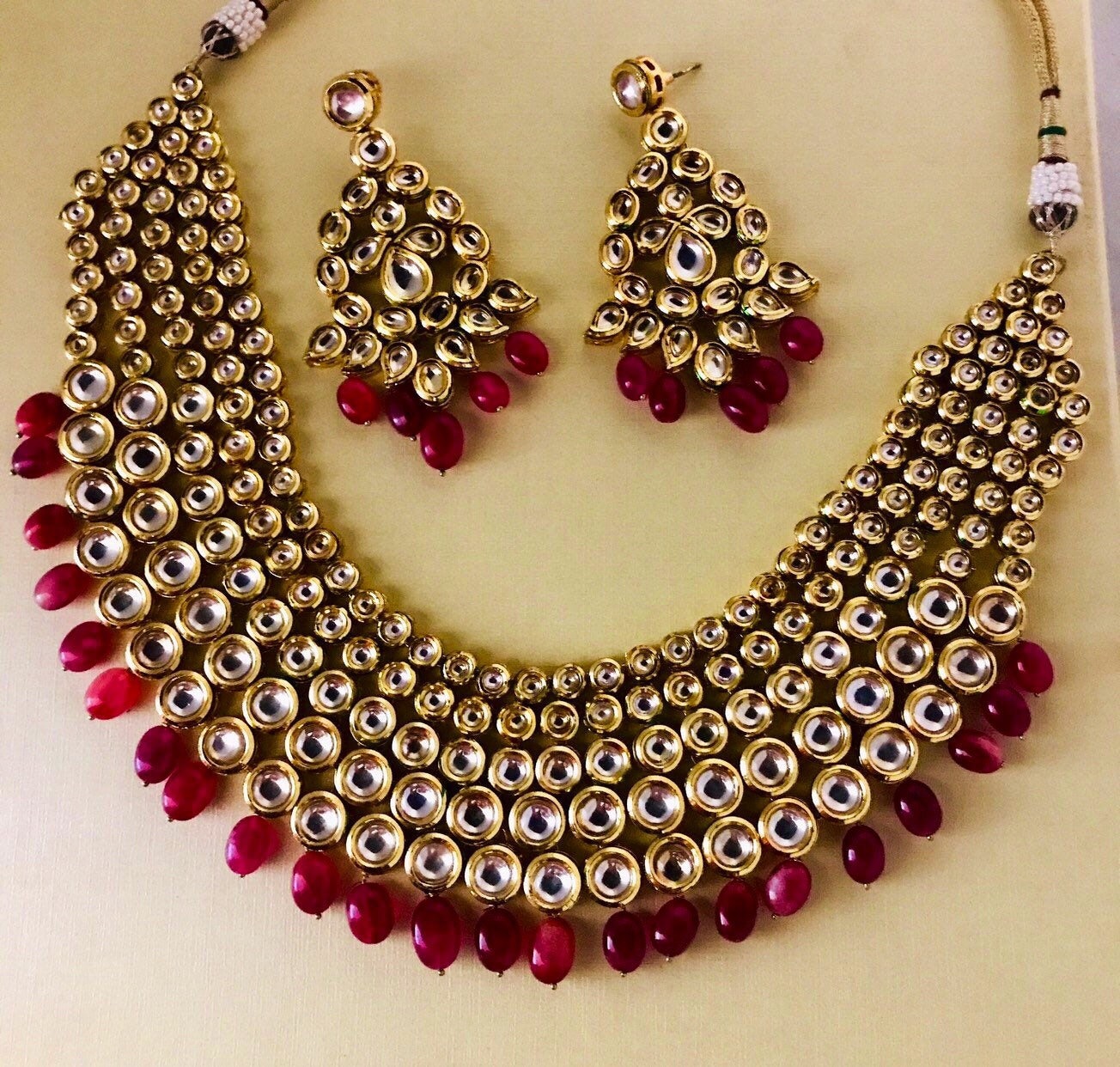 Gold maroon kundan necklace earrings set Indian bridal Etsy