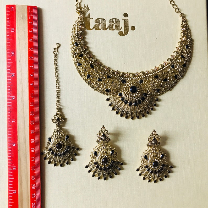 Antique gold and black necklace earrings tikka set Indian bridal pakistani jewellery