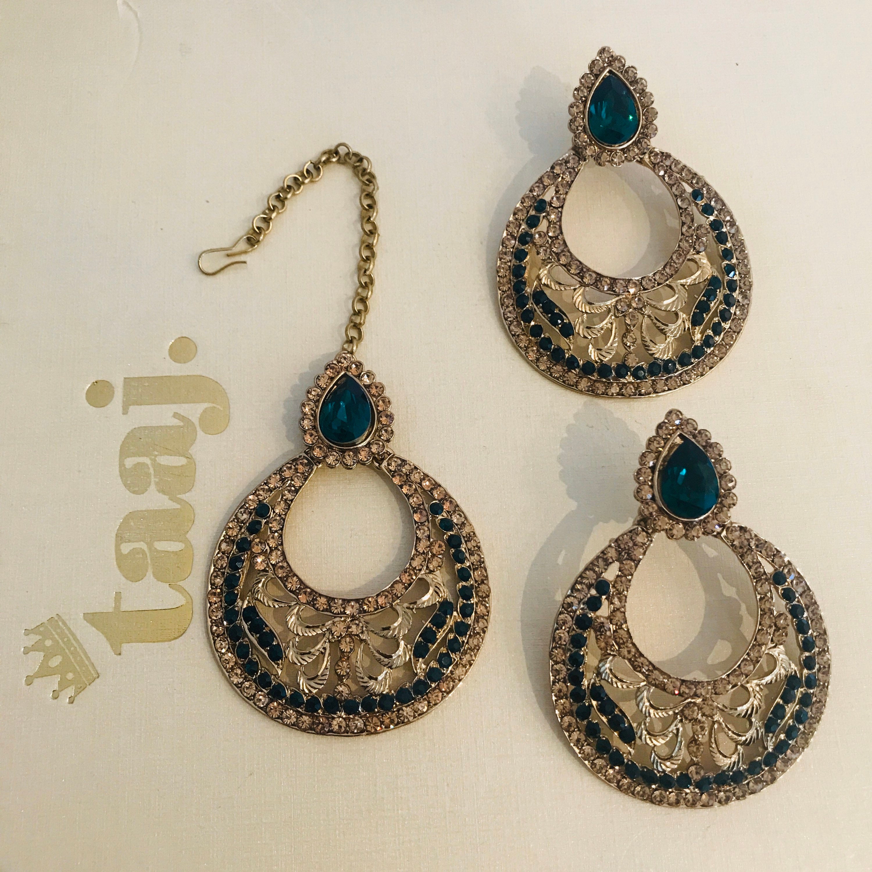 Cora Gold green diamanté earrings tikka set Indian bridal jewellery