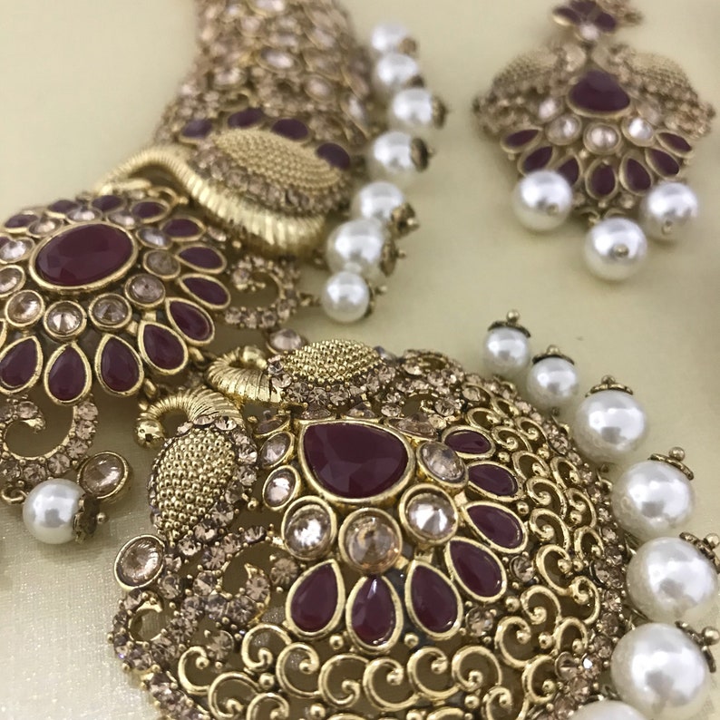 Gold zirconia maroon pearl necklace earrings tikka set indian Pakistani bridal jewellery