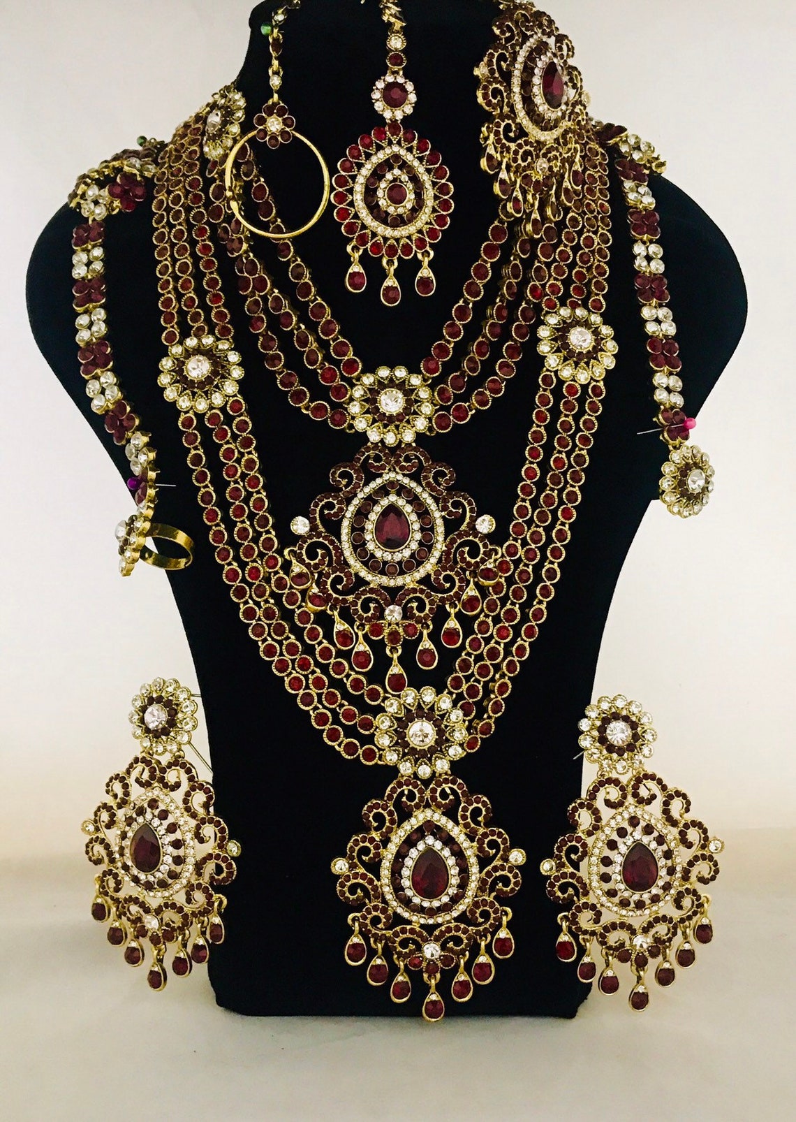Gold maroon 9 piece indian bridal Pakistani jewelry rani haar | Etsy