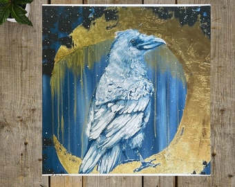Crow Print, Crow Artwork, Cottagecore Art, Peinture animalière, Moon Art