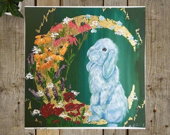 Bunny Print, Rabbit Art, Moon Art, Moon Painting, Floral Artwork, Garden Art