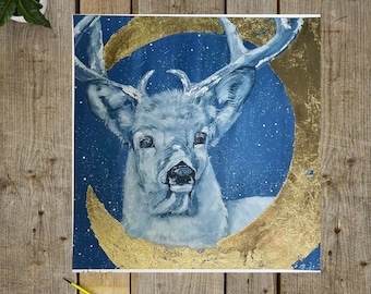 Deer Art, Deer Painting, Cottagecore Art, Wildlife Painting, Moon Art
