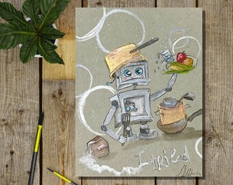 Puede incluir: Una ilustración dibujada a mano de un robot sosteniendo un plato de comida. El robot lleva un sombrero azul y tiene un ojo azul. El robot está de pie sobre un fondo marrón claro. El texto "Lo intenté" está escrito debajo del robot.