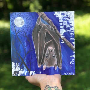 Bat Art Prints, Animal Wall Art, Moon Phases, Acrylic Painting, Bat Wall Art, Wildlife Nursery Art, Cute Animal Decor, Witchy Home Decor