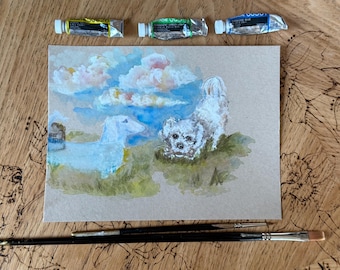Könnte beinhalten: Aquarellmalerei von zwei Hunden auf einer Wiese unter blauem Himmel mit flauschigen Wolken. Das Gemälde befindet sich auf braunem Papier, mit drei Farbtuben darüber und zwei Pinseln darunter. Die Hunde sind weiß und das Gras ist grün.