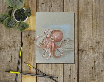 Octopus Art, Sealife Schilderij, Cottagecore, originele Kunst, Gouache Schilderij
