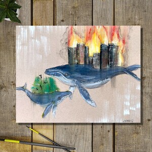 Whale Painting, Eco Art, Eco Statement Art, Humpback Whales, original Art, Gouache Painting