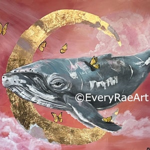 May include: A painting of a whale swimming in a pink and gold sky with a crescent moon and yellow butterflies. The painting is titled "EveryRaeArt".
