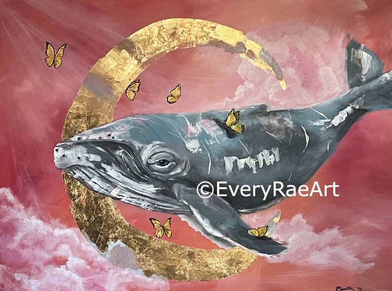May include: A painting of a whale swimming in a pink and gold sky with a crescent moon and yellow butterflies. The painting is titled "EveryRaeArt".