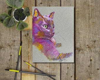 Cat Art, Kat katachtige schilderij, aangepaste kat kunst, originele kunst, Gouache schilderij