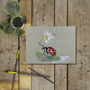 Ladybug Art, Daisy Painting, Bug Art, Insect Decor, original Art, Gouache Painting