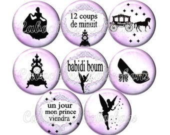 Set of 8 cabochons 20mm glass, fairy tale Cinderella pink and black tone