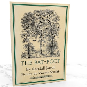 May include: A book titled "THE BAT-POET" by Randall Jarrell, with illustrations by Maurice Sendak. The cover features a black and white drawing of trees and a bat. The book has a cream-colored background with a green border.