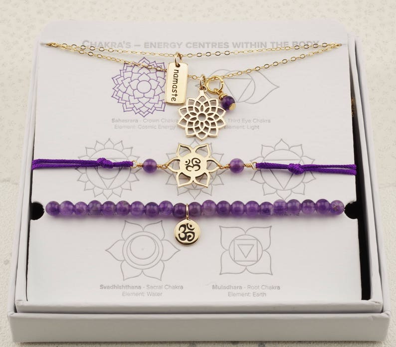 yoga jewelry Gold Amethyst Crown Chakra necklaces /& bracelets ohm symbol charm jewellery wellness jewellery gift purple amethyst bead