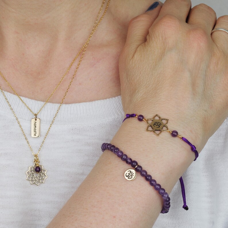 yoga jewelry Gold Amethyst Crown Chakra necklaces /& bracelets ohm symbol charm jewellery wellness jewellery gift purple amethyst bead