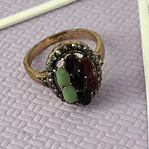 Victorian Style Multi-Stone Cocktail Ring: Antique Gold Filigree Statement