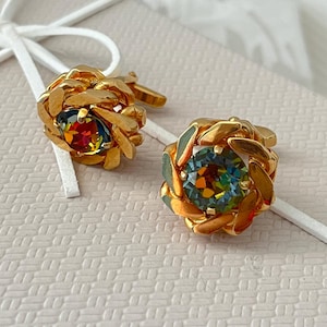 Vintage Gold Tone Cufflinks, Iridescent Crystal Men&#39;s Cufflinks, Retro Formal Wear Accessory, Unique Groom Gift for Him
