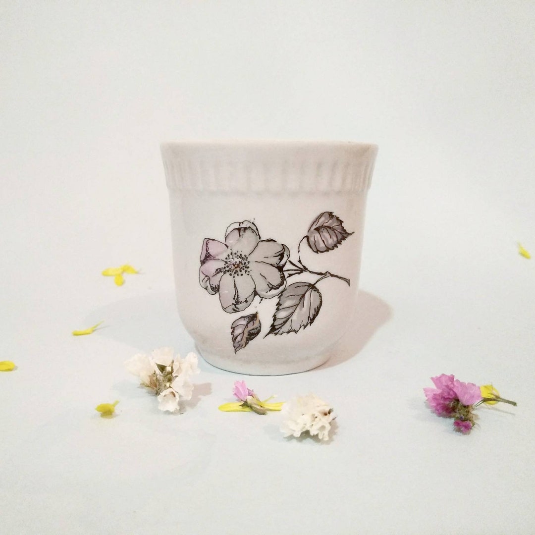 Vintage White Cup Black Flower Cup Small Vintage Gift White Tea Cup