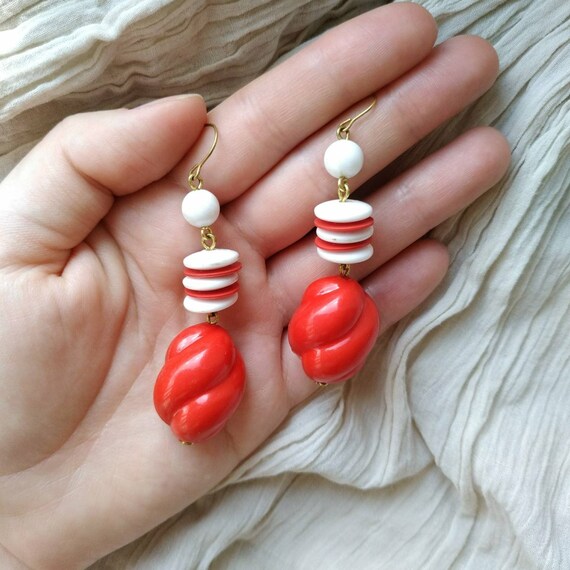 Red Vintage Earrings Large Bead Earrings Twisted Earrings Red