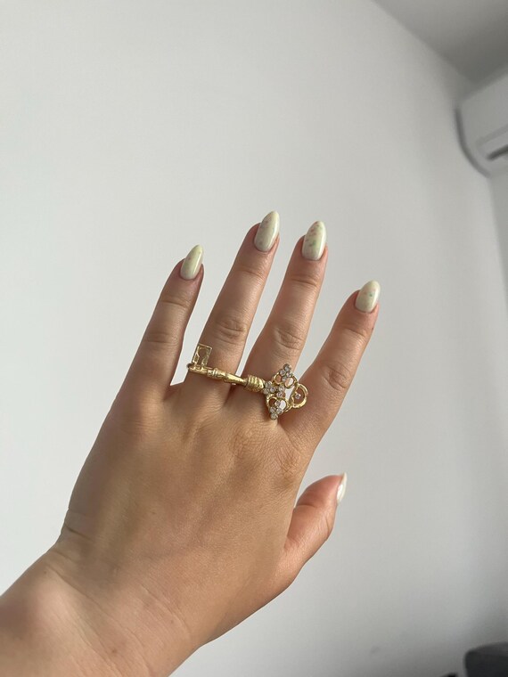 Gold Key Statement Ring: Crystal Double Finger Ri… - image 7