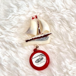 Nautical Ship Brooch with Red Mainau Island Pendant, White Plastic Boat Pin