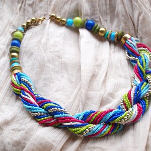 Vintage 80s Rainbow Beaded Necklace: Twisted Multicolor Plastic Jewelry