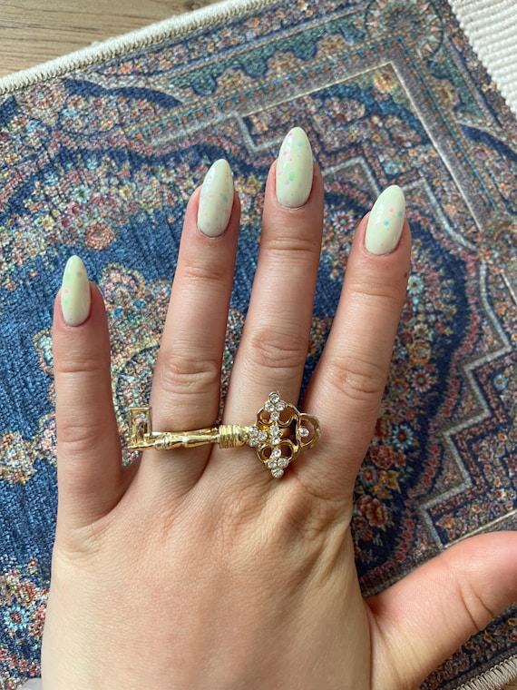 Gold Key Statement Ring: Crystal Double Finger Ri… - image 1
