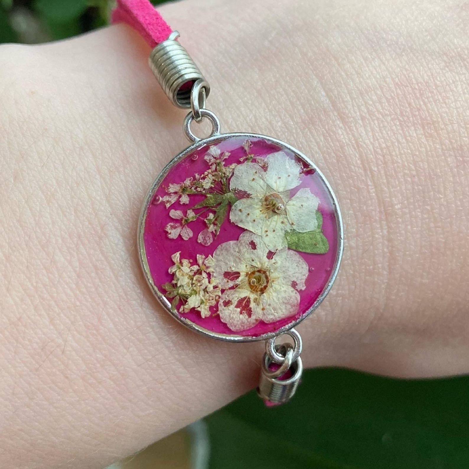 Pink leather bracelet of epoxy resin and real yellow flowers Etsy