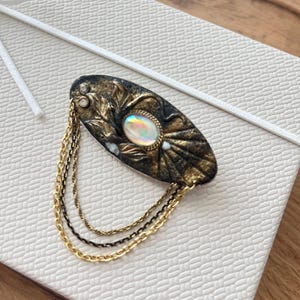 Vintage brooch with opal, floral brass brooch with chains, art nouveau style, statement jewelry, unique gift, 1970s accessory