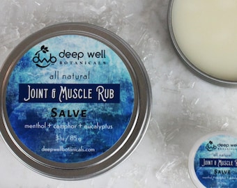 Può includere: Una scatola di latta argentata con un'etichetta blu che recita "deep well botanicals all natural JOINT & MUSCLE RUB SALVE menthol + camphor + eucalyptus 3oz/85g deepwellbotanicals.com". La scatola contiene una pomata bianca. C'è una scatola di latta argentata più piccola con un'etichetta bianca che recita "deep well botanicals all natural JOINT & MUSCLE RUB SALVE" e una pomata bianca all'interno.